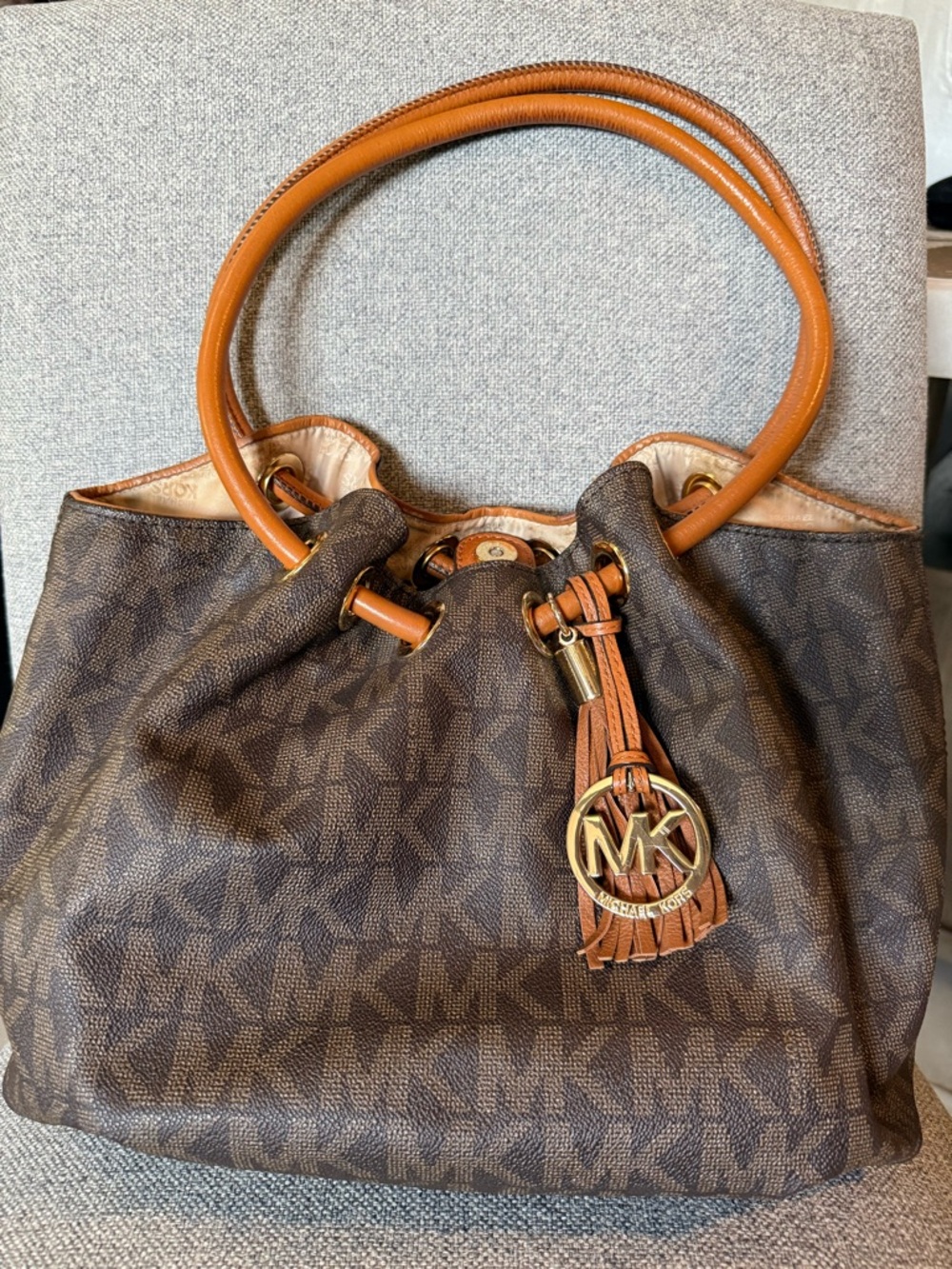 Michael Kors Brown Logo Shoulder Bag with Tan Leather Trim